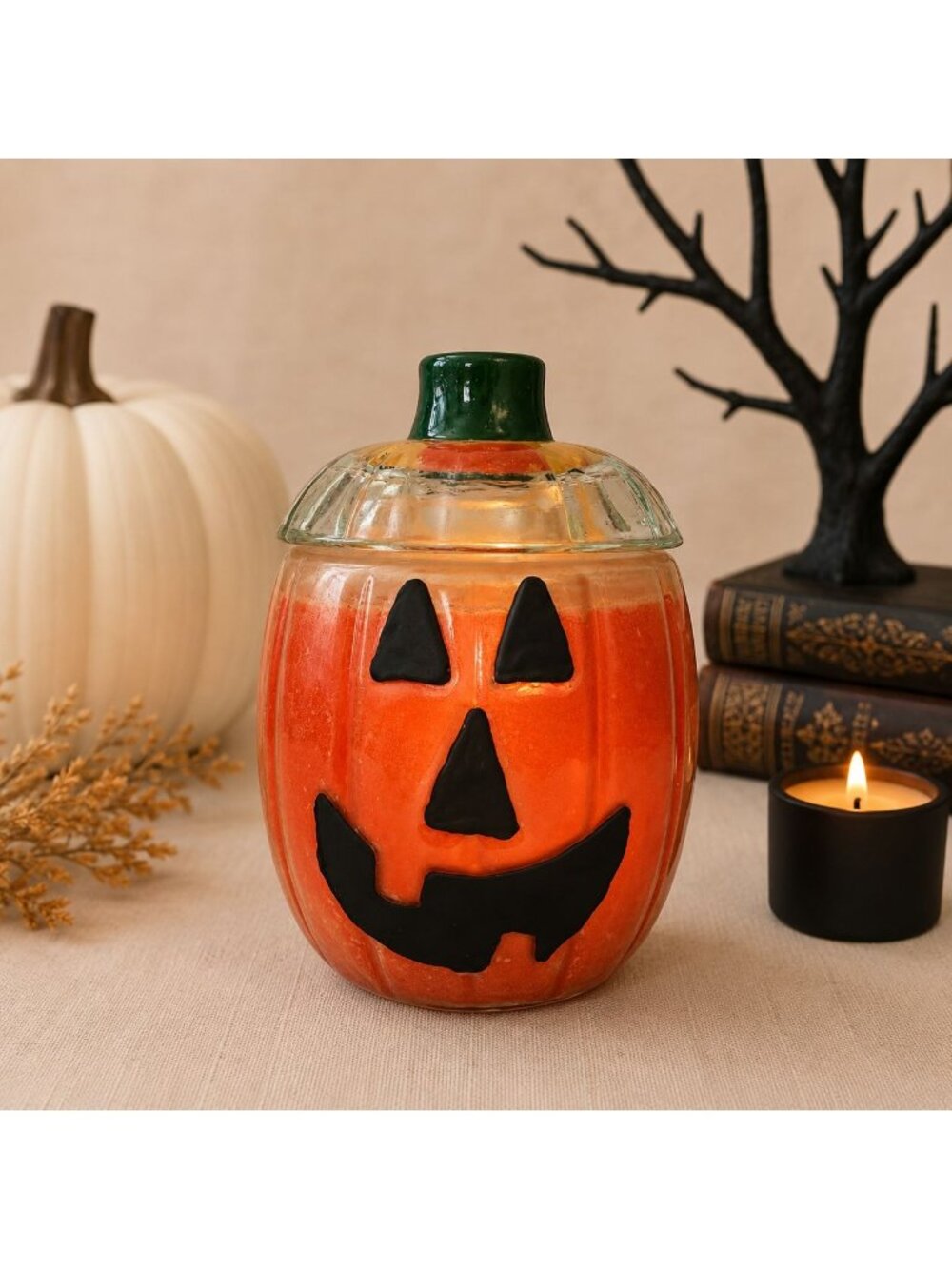 Halloween Glass Pumpkin Candle Glass VTG Jack O Lantern Jar Airtight Lid Decor
